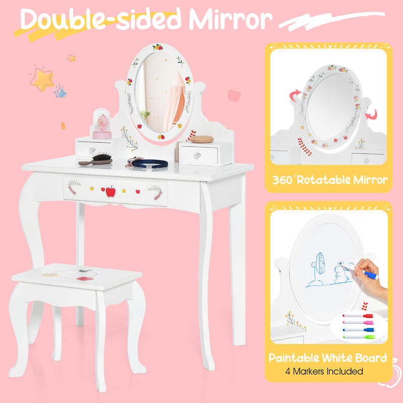 Kids Vanity and Stool Set with 360� Rotatable Mirror and Whiteboard-White