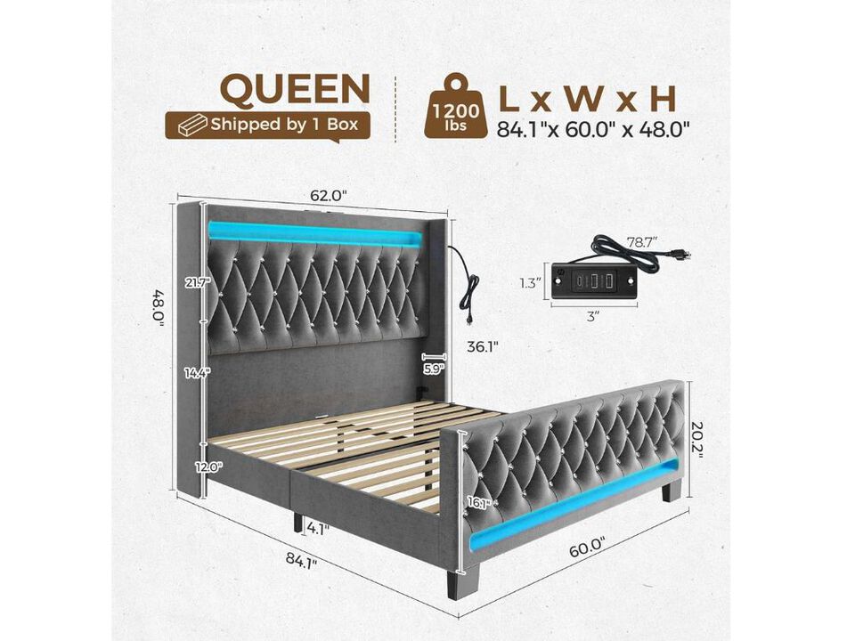 Queen Bed Frame With Led Light And Charging Station, Upholstered High Headboard And Footboard, Wood Slats, Noise Free, Easy Assembly, Grey