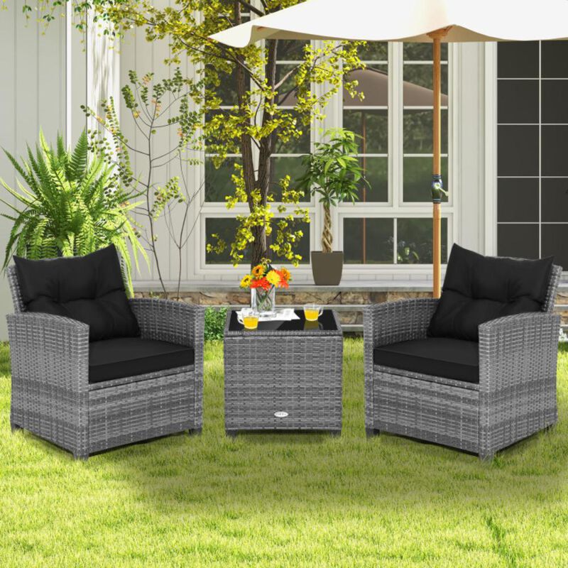 Hivvago 3 Pieces Outdoor Wicker Conversation Set with Tempered Glass Tabletop