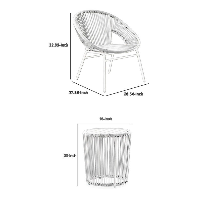 Hely 3 Piece Outdoor Table and Chairs Set, White All Weather Resin Wicker-Benzara
