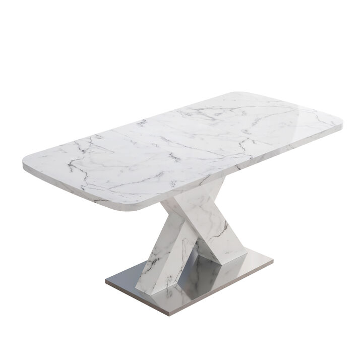 Modern Square Dining Table, Stretchable, white Marble Tabletop+MDF X-Shaped Table Leg with Metal Base