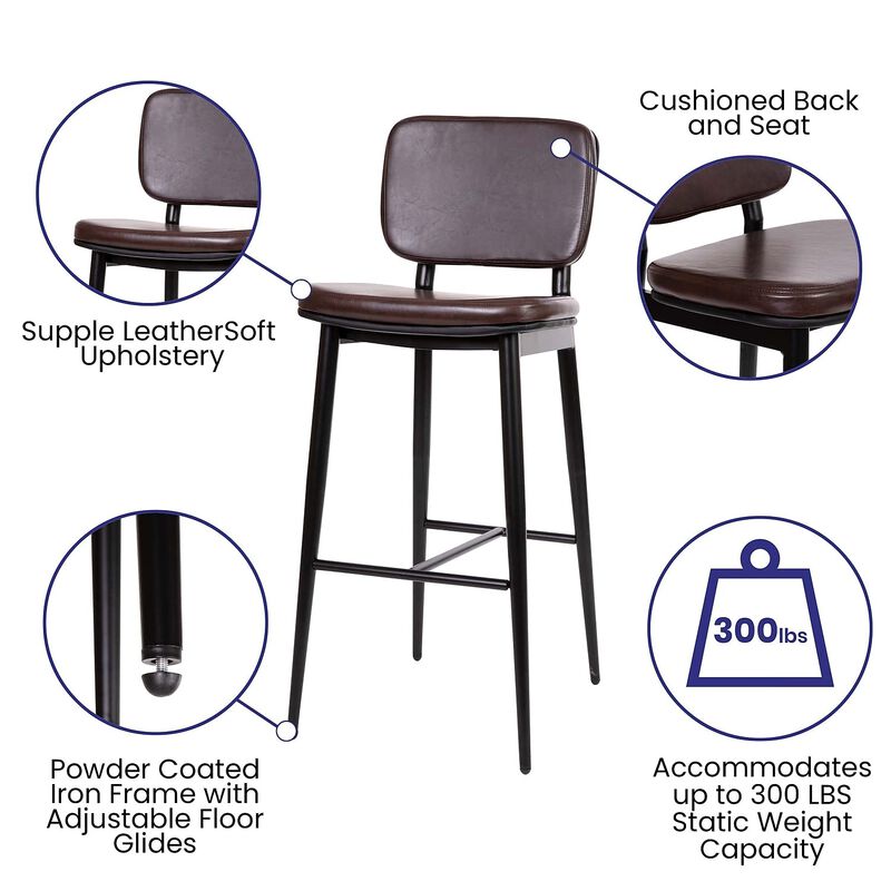 Flash Furniture Kenzie Commercial Grade Mid-Back Barstools - Brown LeatherSoft Upholstery - Black Iron Frame with Integrated Footrest - Set of 2