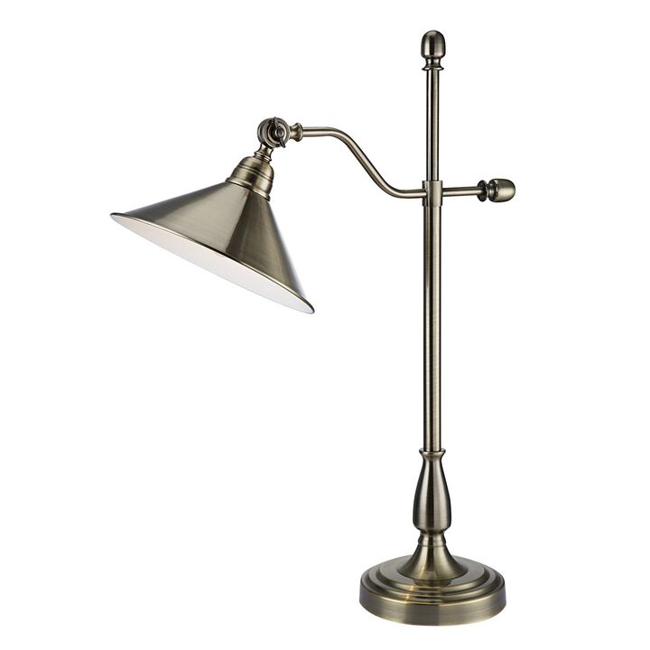 28 Inch Table Lamp, Classic Cone Shape Metal Shade, Antique Rustic Brass-Benzara