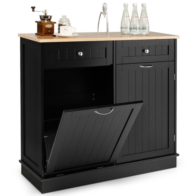 Rubber Wood Kitchen Trash Cabinet with Single Trash Can Holder and Adjustable Shelf-Black
