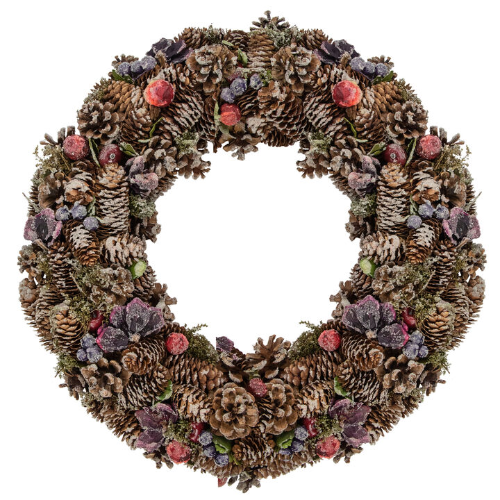 Sugared Purple Flowers and Pine Cones Artificial Christmas Wreath - 20-Inch  Unlit