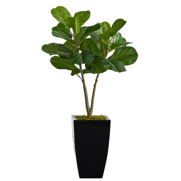Nearly Natural 3-ft Fiddle Leaf Fig Artificial Tree in Black Metal Planter