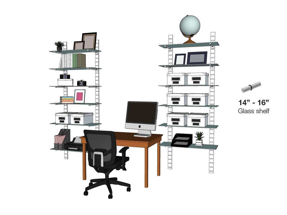 Stylish Home Office System 91" High 6 Tier with Glass Shelves 14"-16" Width | 2 Sections- Shelves Sold Separately