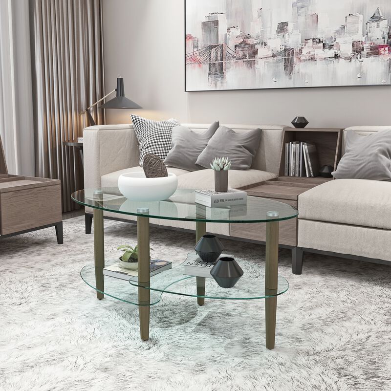 Transparent Oval Glass Coffee Table - Modern Living Room Table with 3 Layer Glass