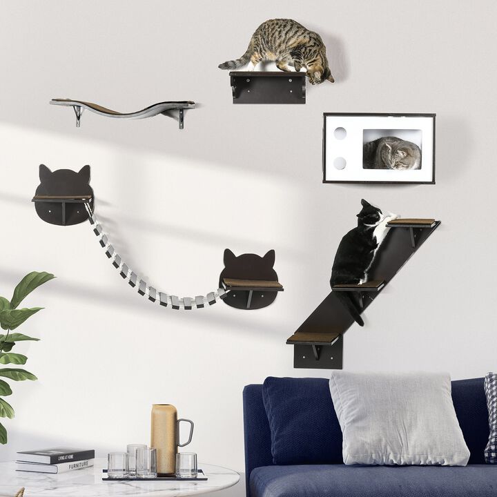 5PCs Cat Wall Shelves Pet Wall-mounted Climbing Shelf Set with Cushion Condo Jumping Platform Ladder Brown