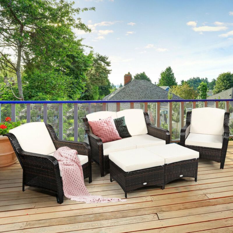 Hivvago 5 Pieces Patio Rattan Sofa Set with Cushion and Ottoman