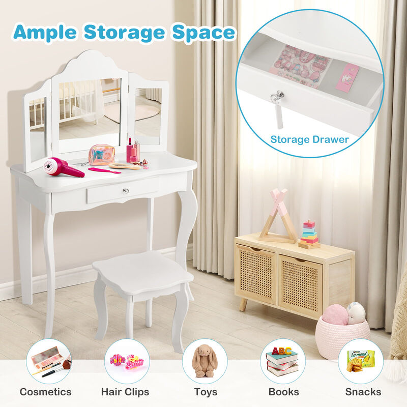 Kids Makeup Dressing Mirror Vanity Table Stool Set