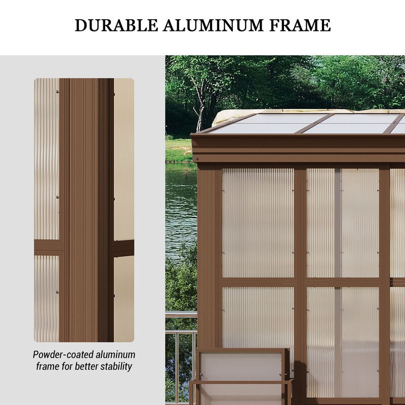 MONDAWE 10x12FT Lean to Sunroom Wall Mounted Solarium with Sloping Polycarbonate Roof, Detachable Screens and 2 Lockable Sliding Doors