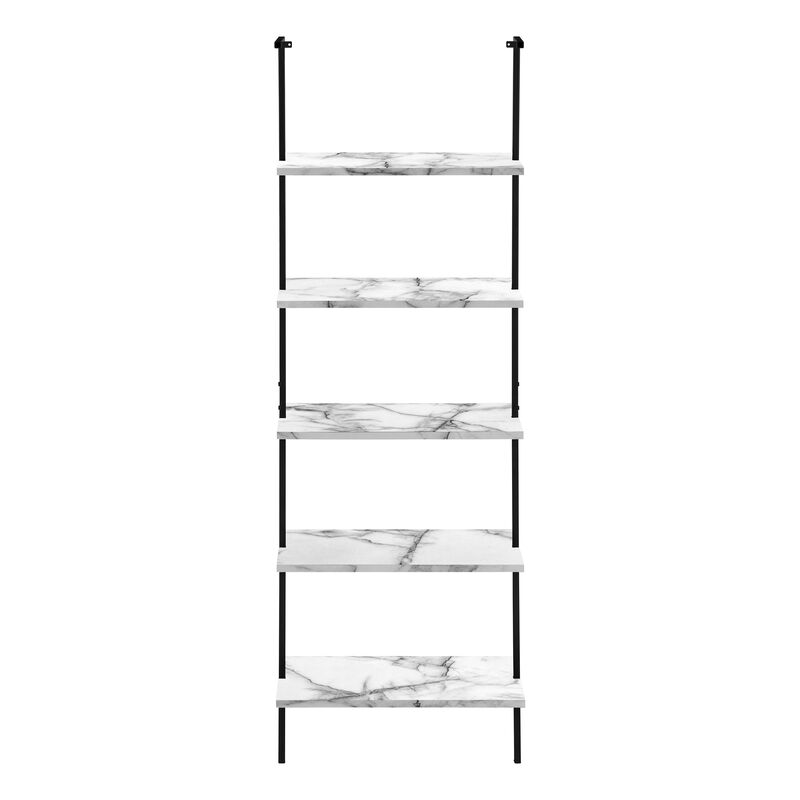 Monarch Specialties I 3685 Bookshelf, Bookcase, Etagere, Ladder, 5 Tier, 72"H, Office, Bedroom, Metal, Laminate, White Marble Look, Black, Contemporary, Modern