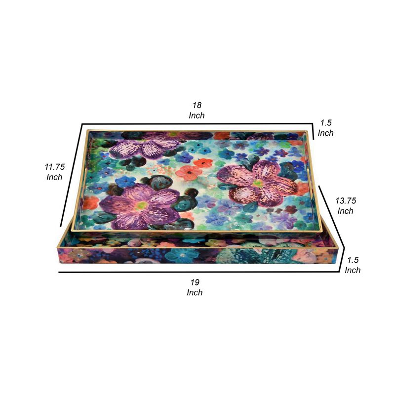 Set of 2 Decorative Trays, Floral Print Design, Cutout Handles, Multicolor - Benzara