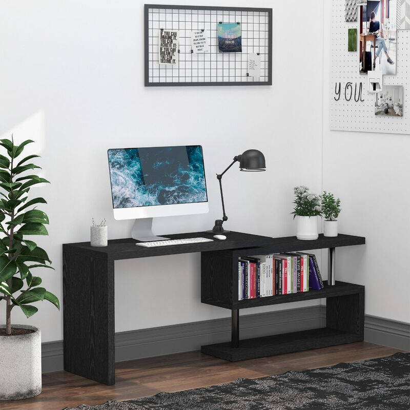 Black Home Office Hub: 360° Rotating L-Shaped Desk with Storage Shelves