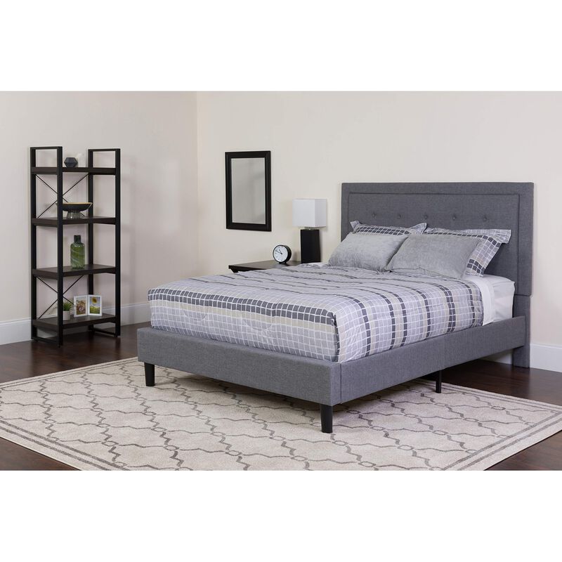 Roxbury Queen Size Tufted Upholstered Platform Bed in Light Gray Fabric with Memory Foam Mattress