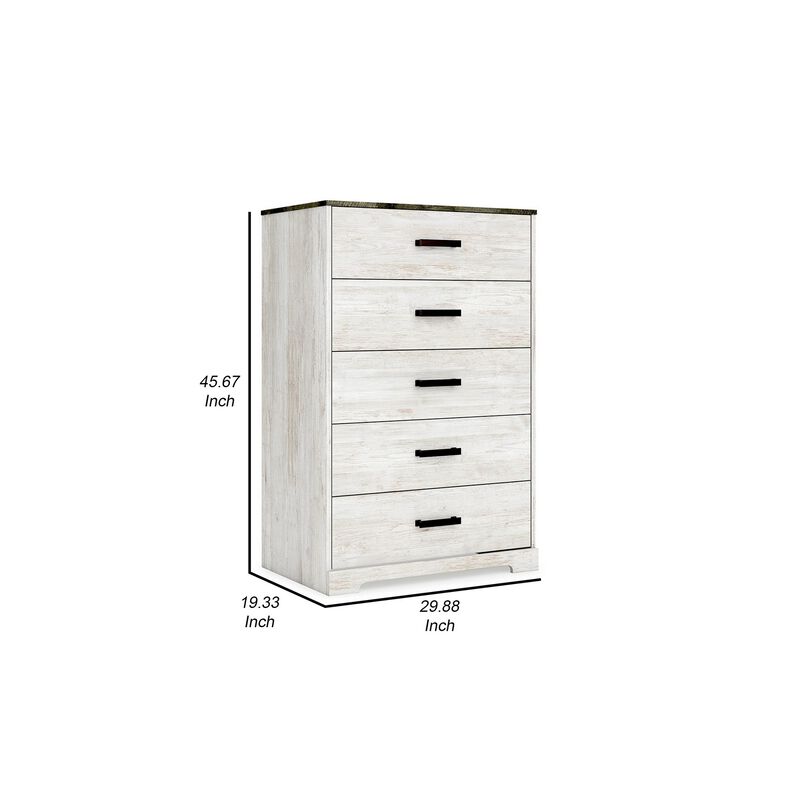 Wisp 46 Inch Tall Dresser Chest, 5 Drawers, Rustic Smooth White Finish-Benzara