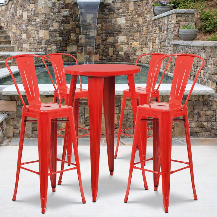 Flash Furniture Commercial Grade 24" Round Red Metal Indoor-Outdoor Bar Table Set with 4 Cafe Stools