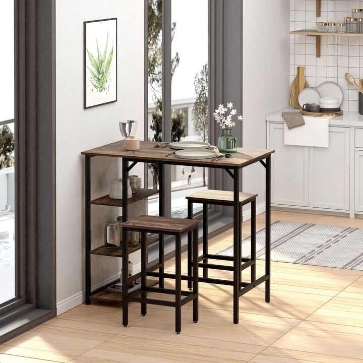 Rustic Brown/Black Dining Table Set with Storage Shelf, 3 Piece Counter Height