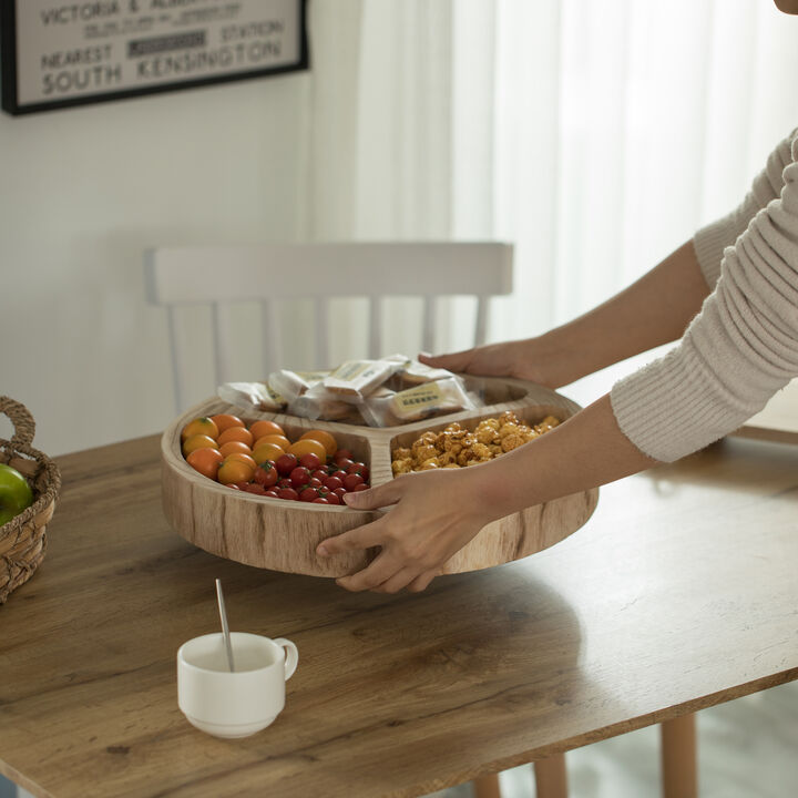 3 Sectional Round Snack Tray for Dining Table and Kitchen Decoration, Natural