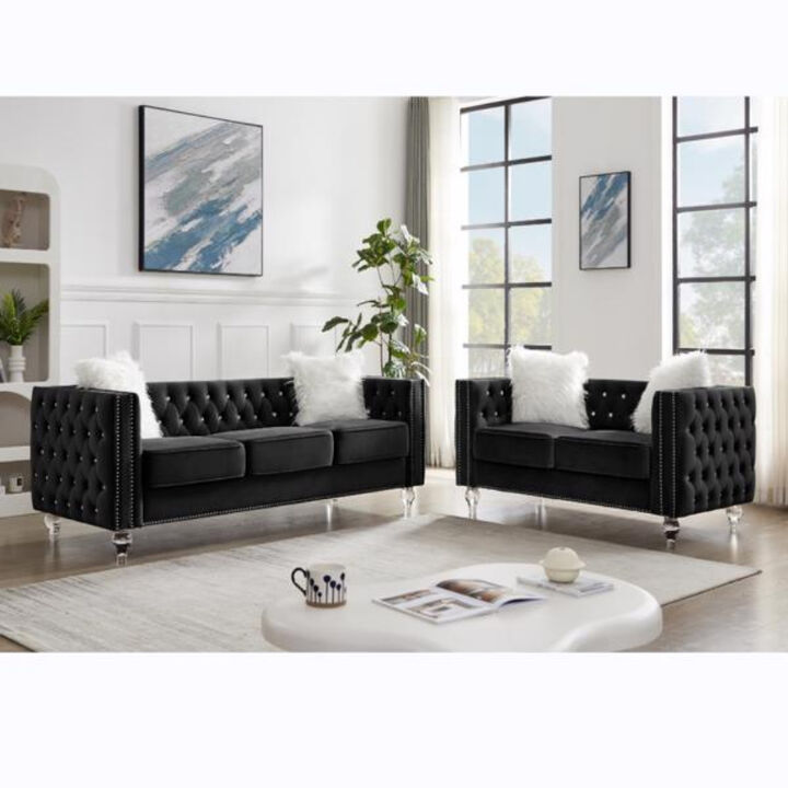 Velvet Sofa, Crystal Buckle Upholstery with Crystal Feet & Plush Pillows For Living Room