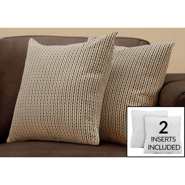 Monarch Specialties I 9239 Pillows, Set Of 2, 18 X 18 Square, Insert Included, Decorative Throw, Accent, Sofa, Couch, Bedroom, Polyester, Hypoallergenic, Brown, Modern