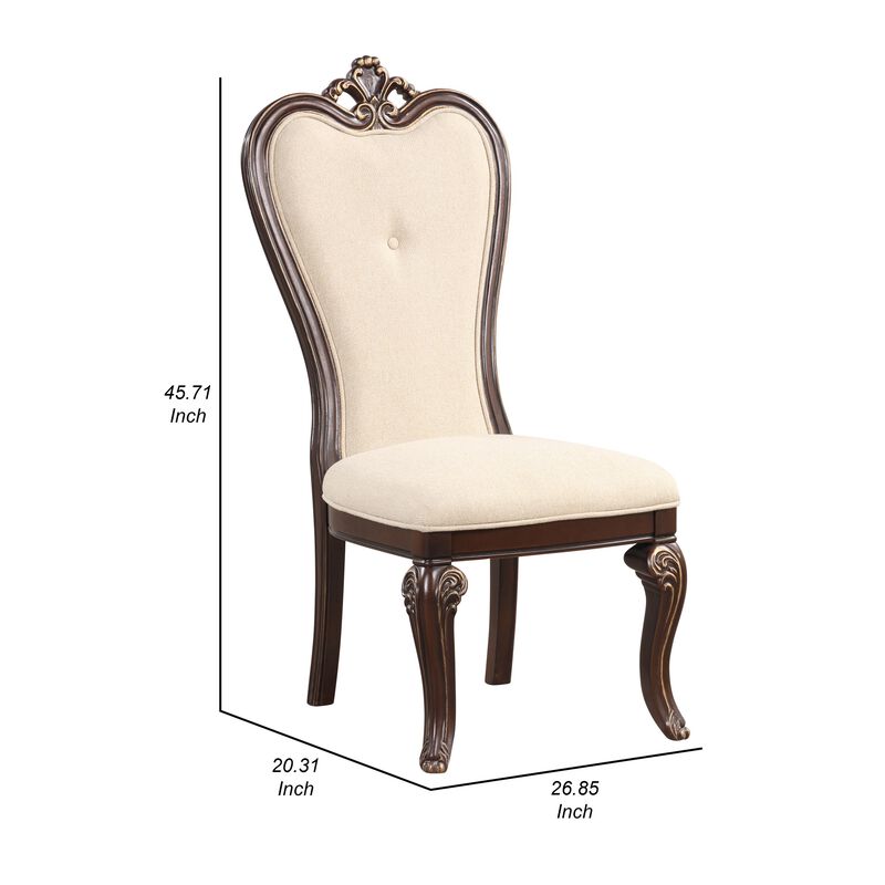 Mike 20 Inch Set of 2 Dining Chairs, Crown Top, Beige Fabric Brown Wood - Benzara