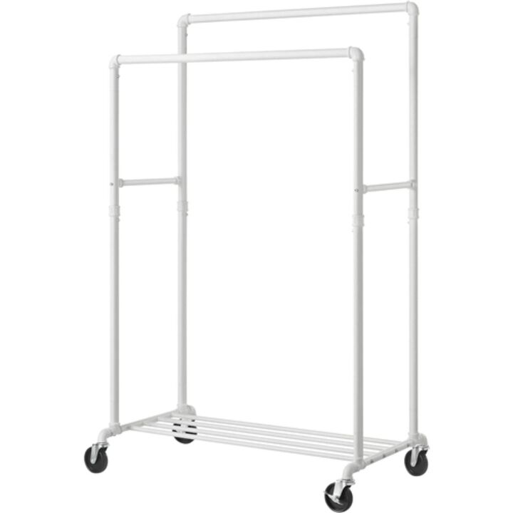 Hivvago Heavy Duty White Pipe Double Rod Garment Clothes Rack with Locking Wheels