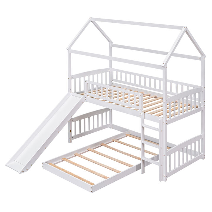 Twin Over Twin Bunk Bed with Slide, House Bed with Slide, White
