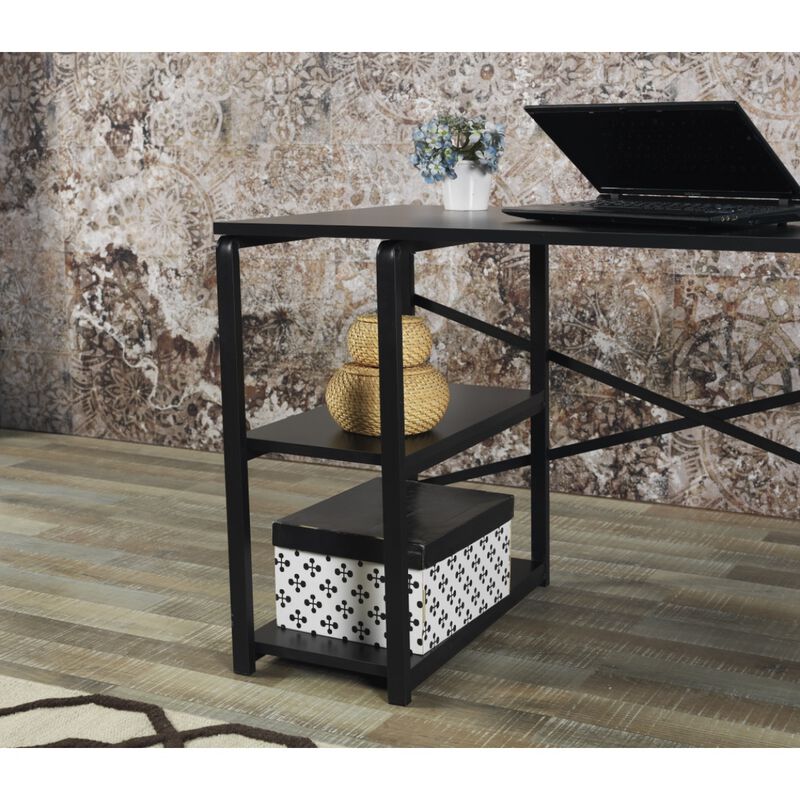 Furnish Home Store Sage Black Metal Frame 47" Wooden Top 2 Shelves Writing and Computer Desk for Home Office, Black