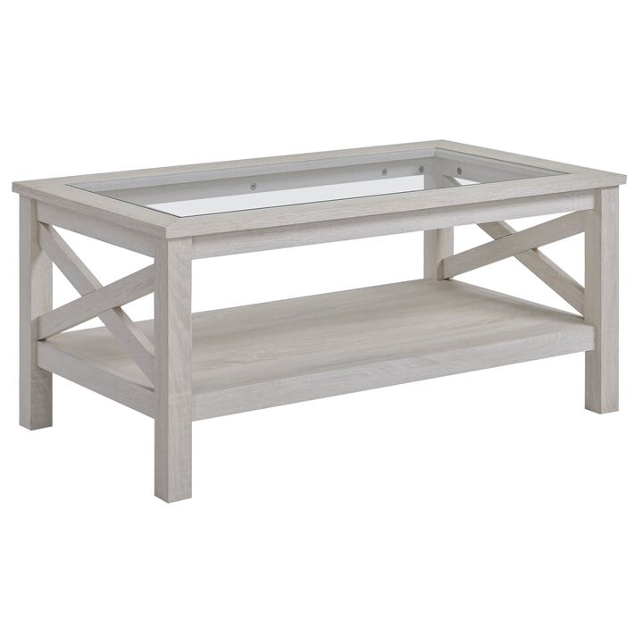 White Oak Living Room Table: Farmhouse Coffee Table with Glass Top