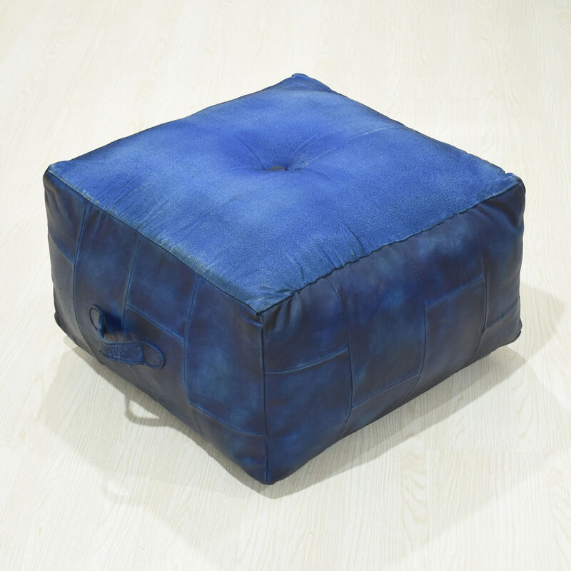 Geometric Handmade Leather Square Pouf 21"x21"x12" (Recycled Foam with Fibre Fill) Vintage Blue Color MABBBACPF25 BBH Homes