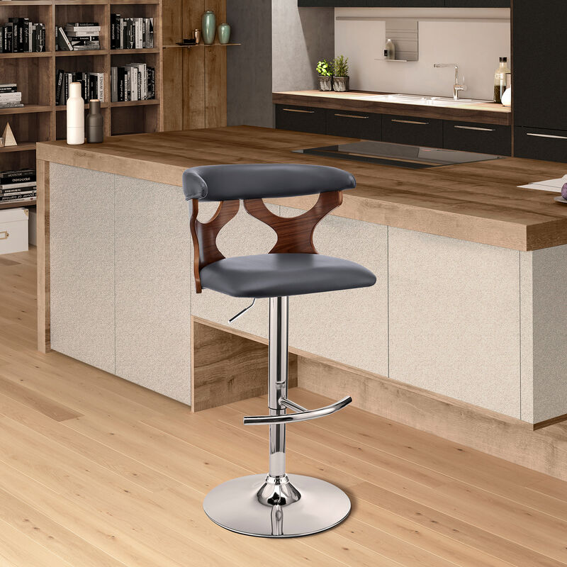 Ruth Adjustable Swivel Grey Faux Leather and Walnut Wood Stool with Chrome Base