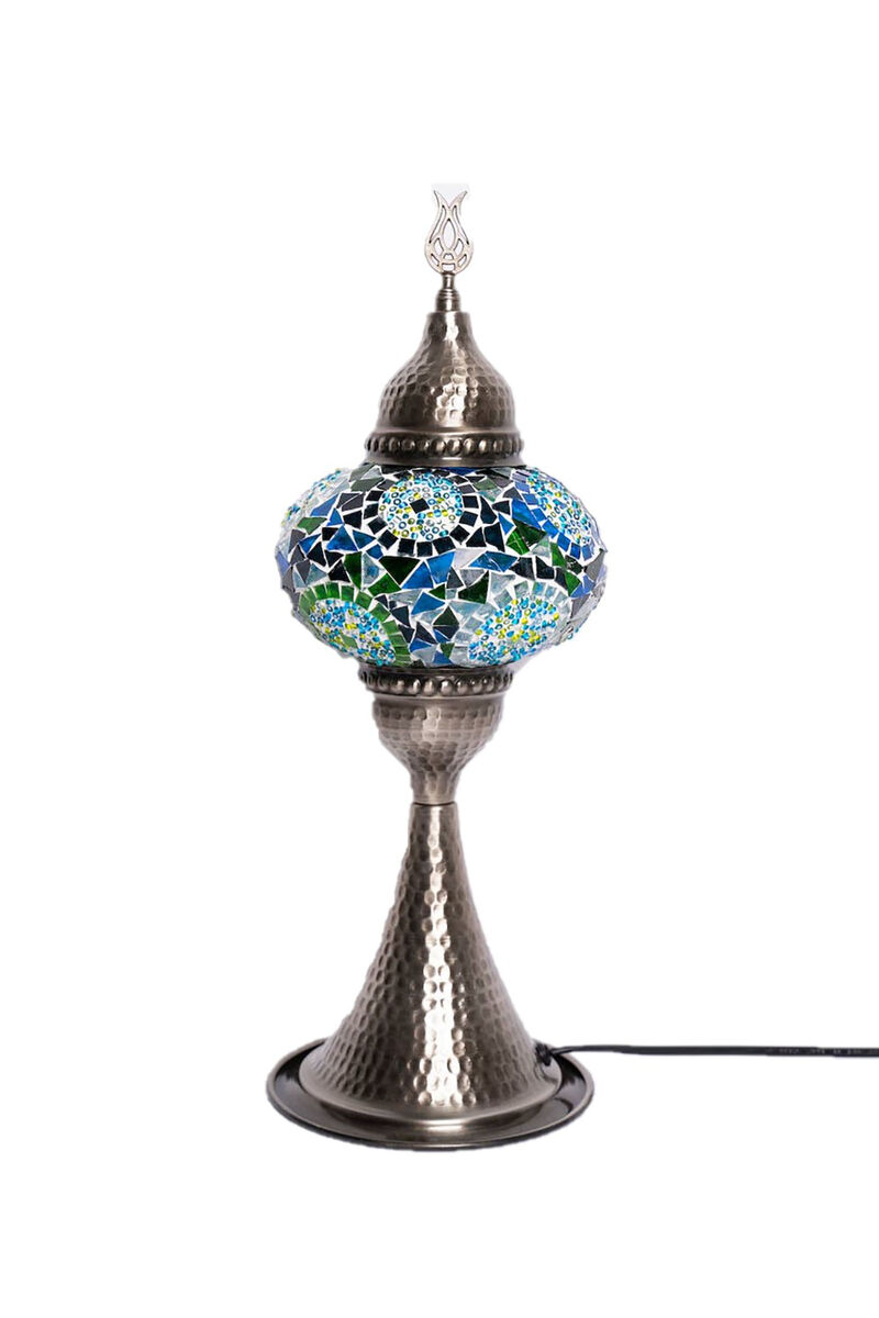 16 in. Handmade Elite Turquoise Separated Circles Mosaic Glass Table Lamp with Brass Color Metal Base