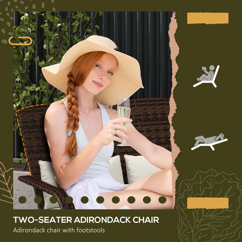 Outsunny Wicker Adirondack Chair for 2 with Cushions & Footrests, PE Rattan Fire Pit Chair for 2, Double Adirondack Patio Chair for Porch, Backyard, Garden with High-back, Wide Armrests, Cream White