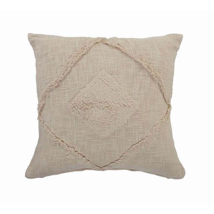 20" Beige Hand Woven Diamond Tufted Square Throw Pillow