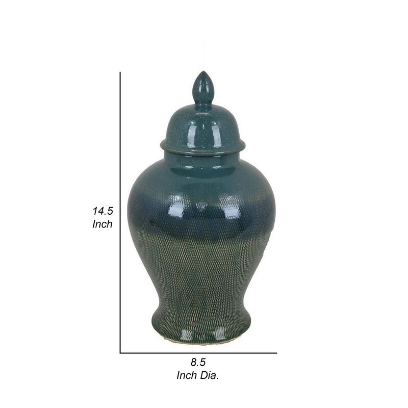 Caty 15 Inch Temple Jar, Finial Dome Lids, Classic, Ceramic, Green Finish - Benzara