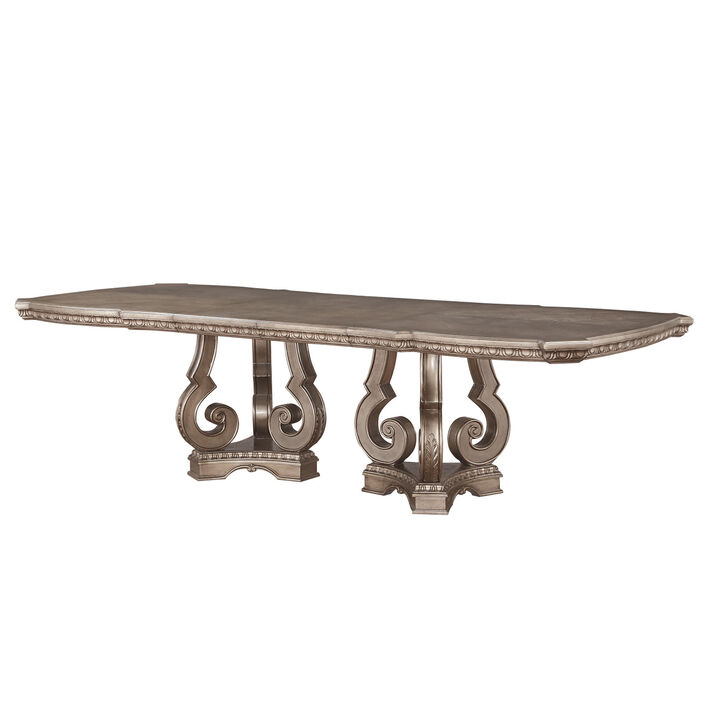 Wooden Extendable Dining Table With Double Pedestal Base, Silver - Benzara