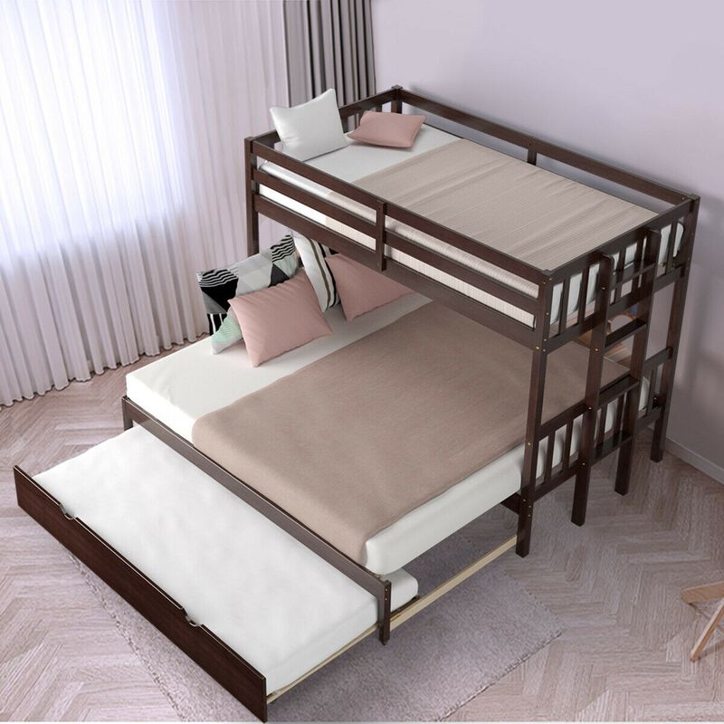 Twin Pull-Out Bunk Bed with Trundle Wooden Ladder