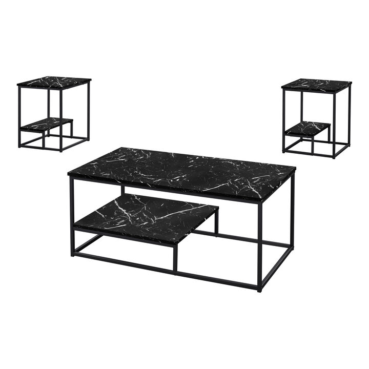 Monarch Specialties I 7964P Table Set, 3pcs Set, Coffee, End, Side, Accent, Living Room, Metal, Laminate, Black Marble Look, Contemporary, Modern