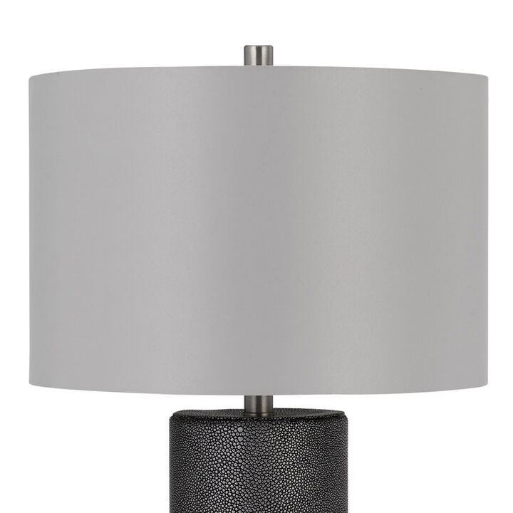 27 Inch Ceramic Table Lamp, Faux Leather Wrapped, Dimmer, Gray-Benzara