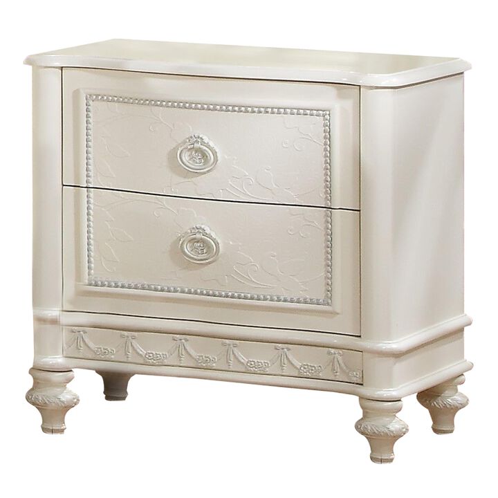 Benjara Dorie 26 Inch Nightstand with 2 Drawers, Oval Molded Trim, Ivory White Wood