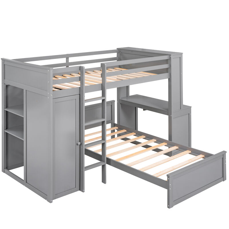 Twin size Loft Bed with a Stand-alone bed, Shelves, Desk, and Wardrobe-White