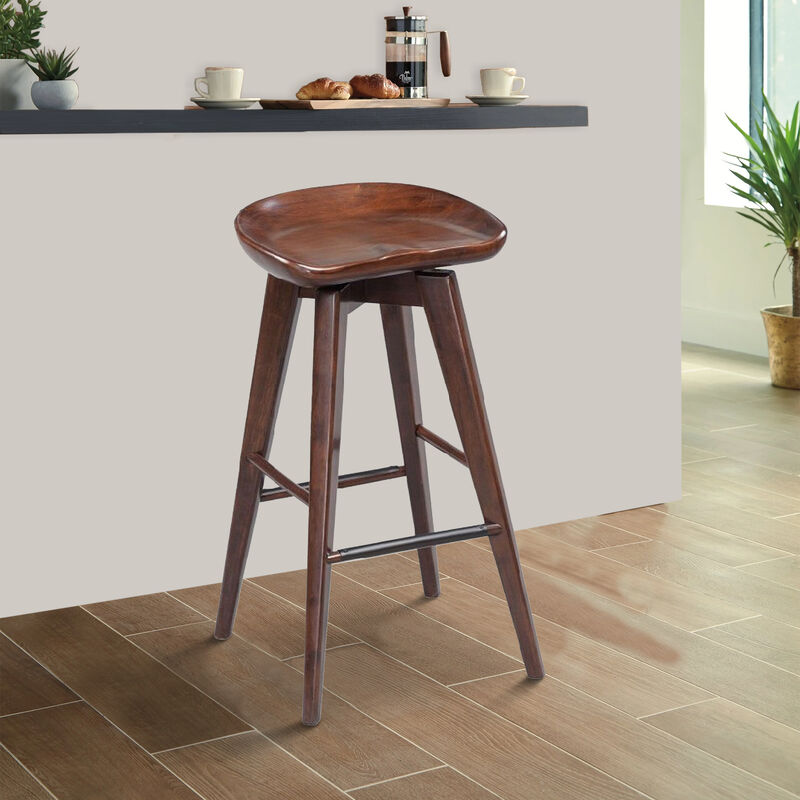 Contoured Seat Wooden Frame Swivel Barstool with Angled Legs, Natural Brown-Benzara