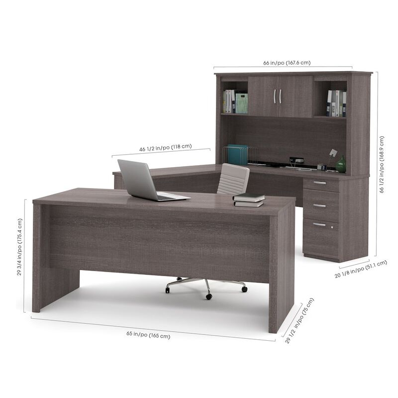 Bestar Logan 66W U or L-Shaped Executive Office Desk with Pedestal and Hutch in bark grey