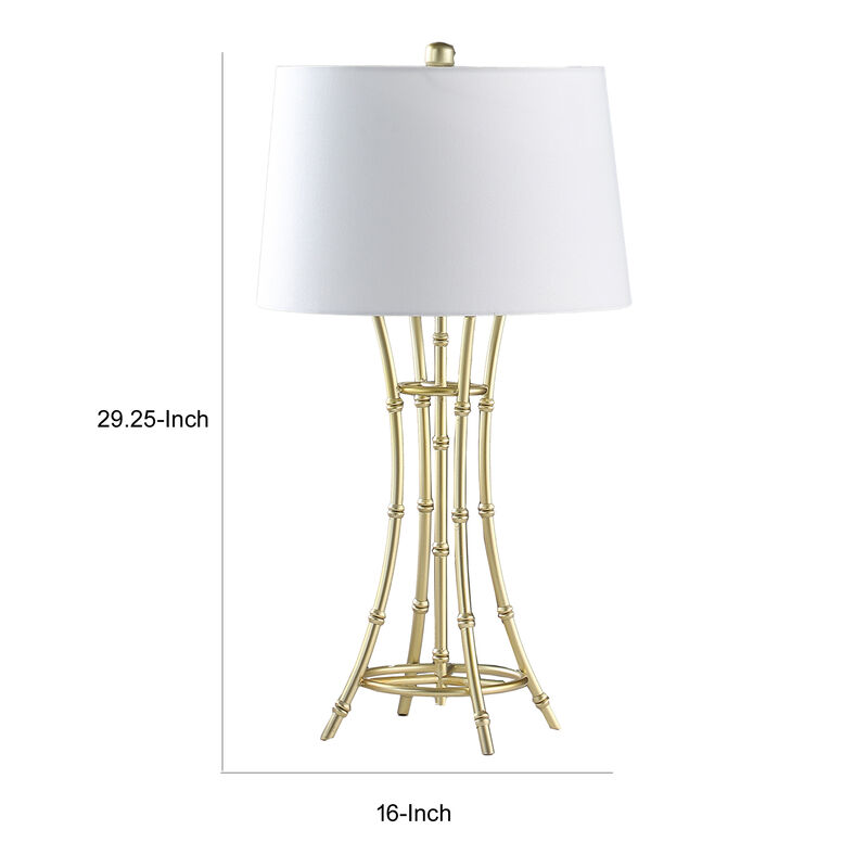 Lisi 29 Inch Table Lamp, White Drum Shade, Gold Mettalic Bamboo Style Base - Benzara