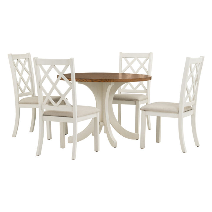 Mid-Century Solid Wood 5-Piece Round Dining Table Set, Kitchen Table Set with Upholstered Chairs