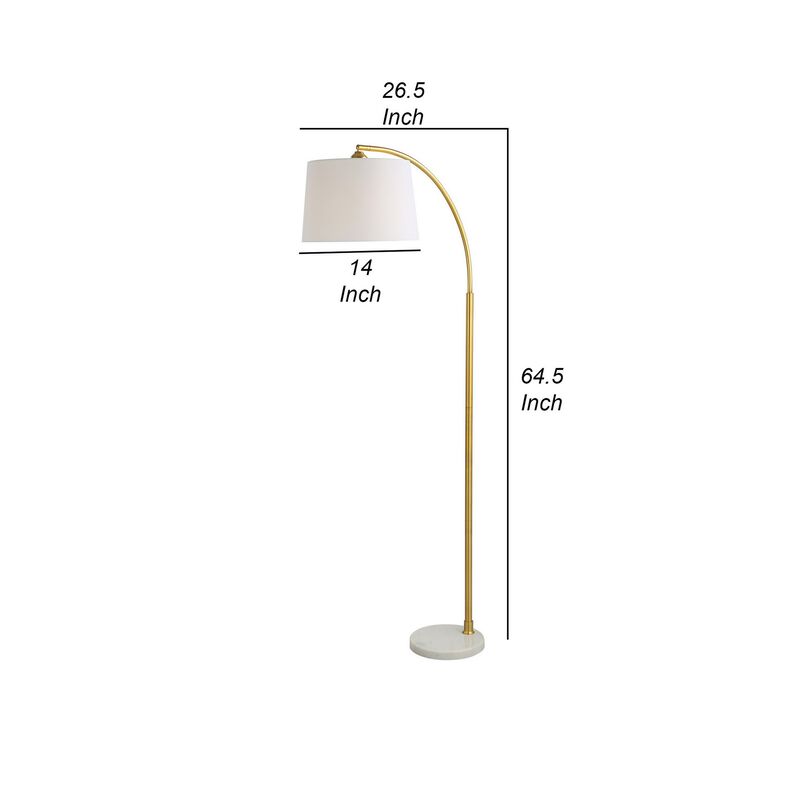 65 Inch Arc Floor Lamp with Adjustable Shade, Marble Base, Gold, White-Benzara