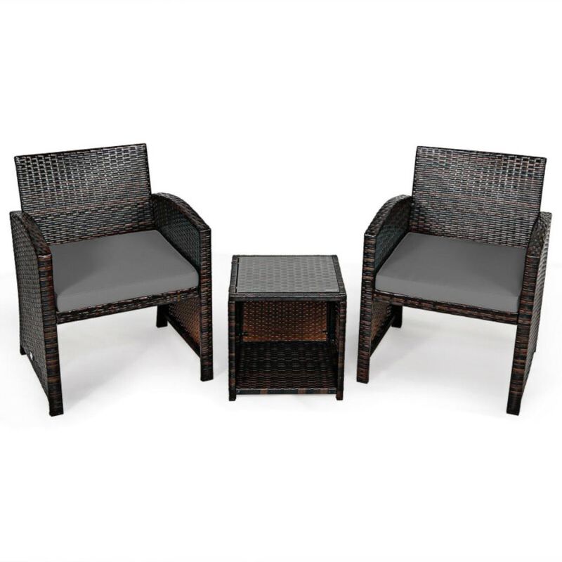 Hivvago 3 Pieces PE Rattan Wicker Furniture Set with Cushion Sofa Coffee Table for Garden