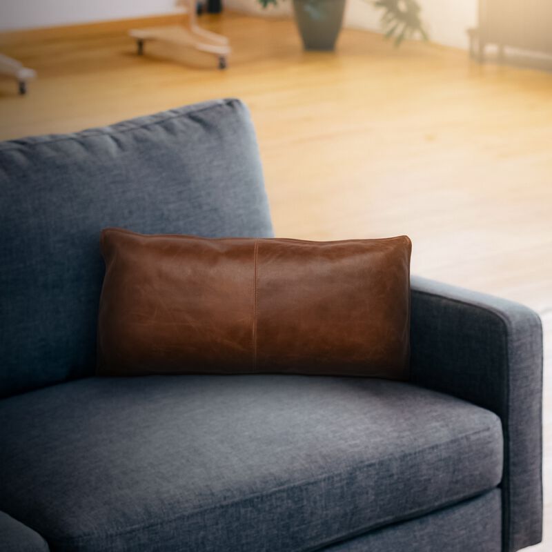 Leatherette Throw Pillow with Stitched Details and Flanged Edges, Brown-Benzara